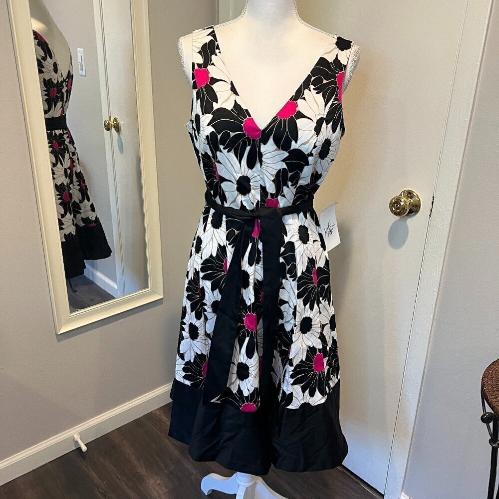 NWT Nine West Black, White & Pink Sleeveless Floral Cotton Midi Dress, Size 12
